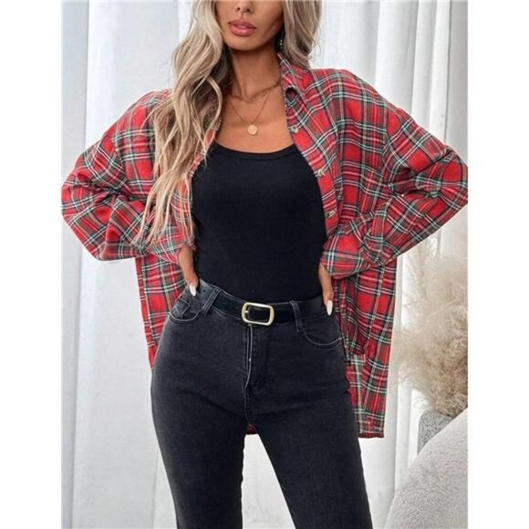 Womens Oversized Flannel Plaid Shirts Red - Picture 2 of 5